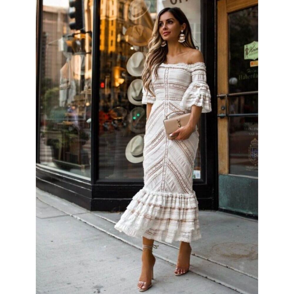 Cinq A Sept Womens Naya Beige Off Shoulder Lace Trim Ruffle Midi Dress Size 0